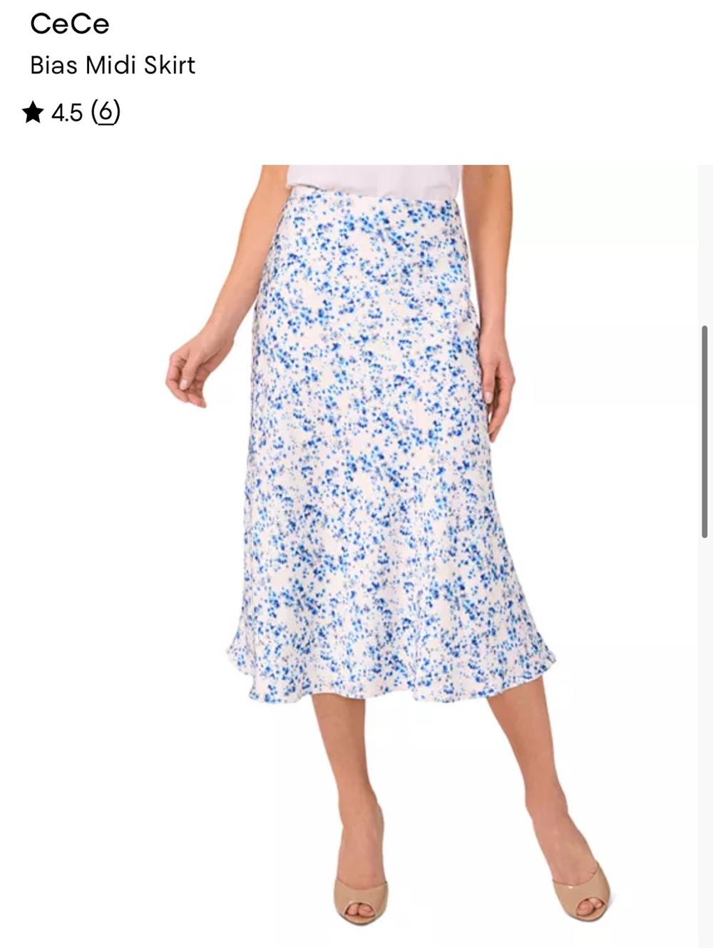 CeCe White and Blue Floral Bias Midi Skirt